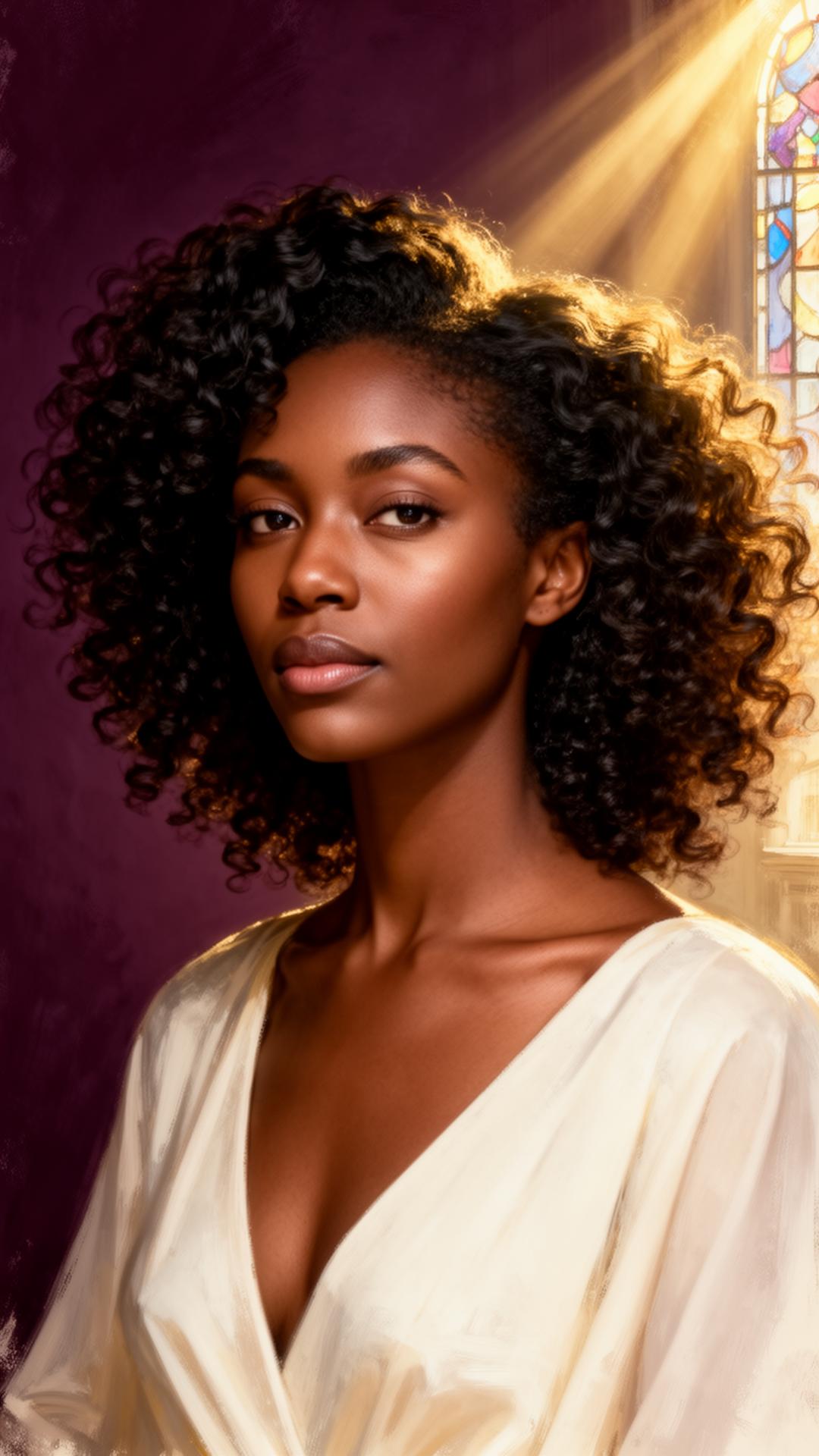Editorial portrait of a woman with beautifully styled natural curls bathed in warm golden light