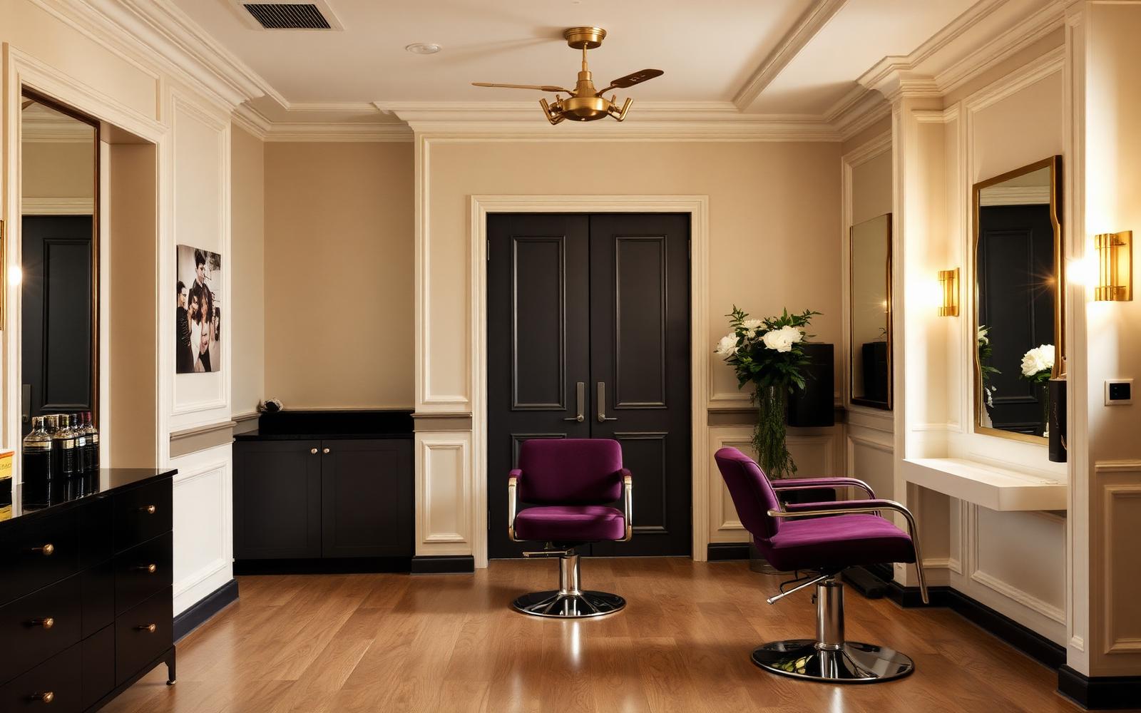 The A Nu Beginning salon interior with plum velvet chairs and brushed gold accents